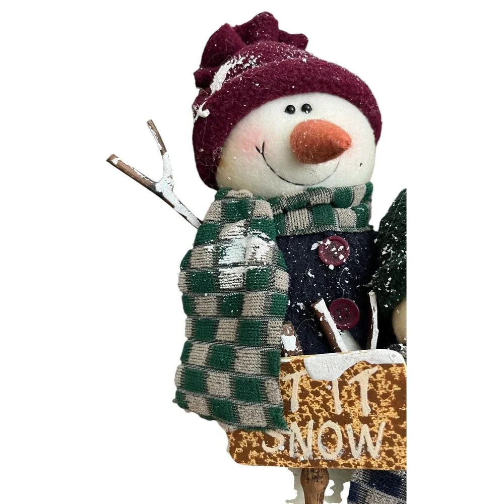 Stuffed Snowman Family Of 3 Wood Let it Snow Tis the Season Christmas Decoration